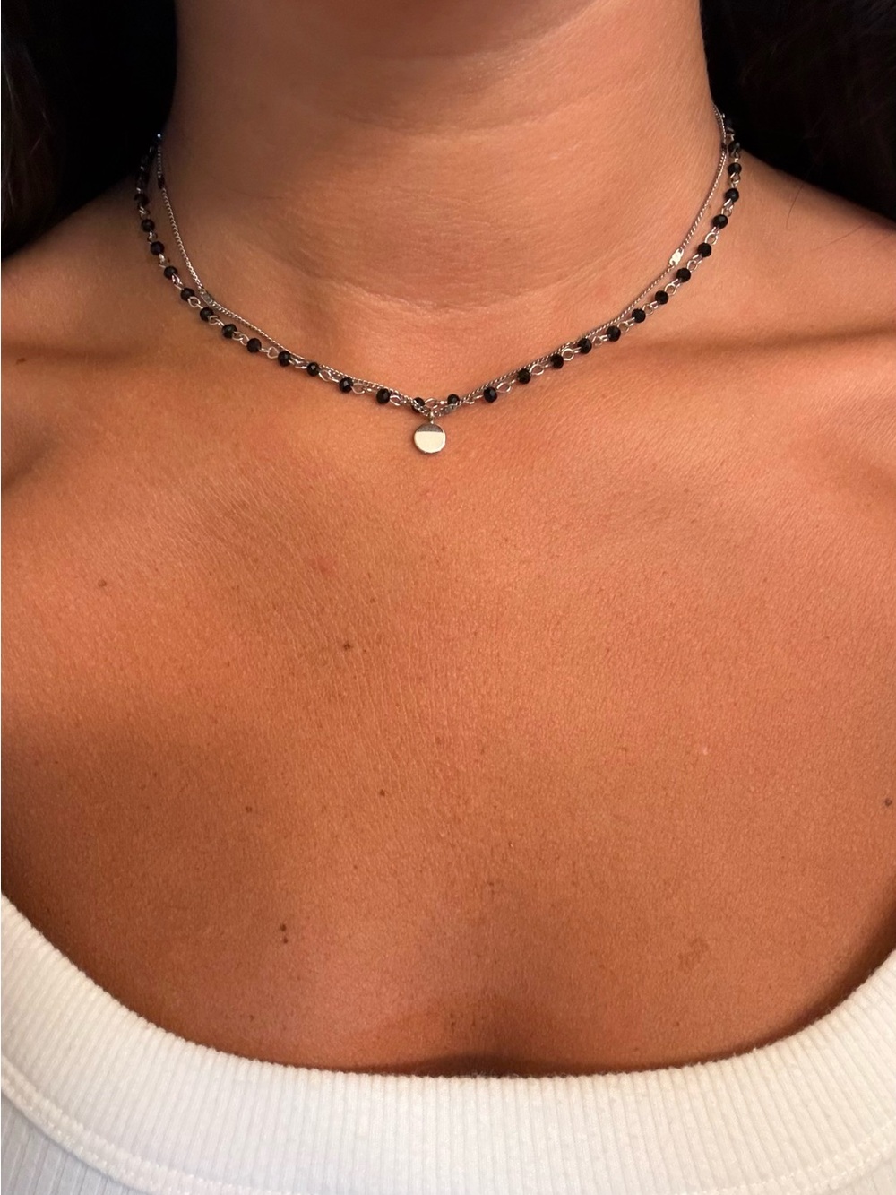 Francesca's Collections Silver Layered Choker with Black Beads and Disc